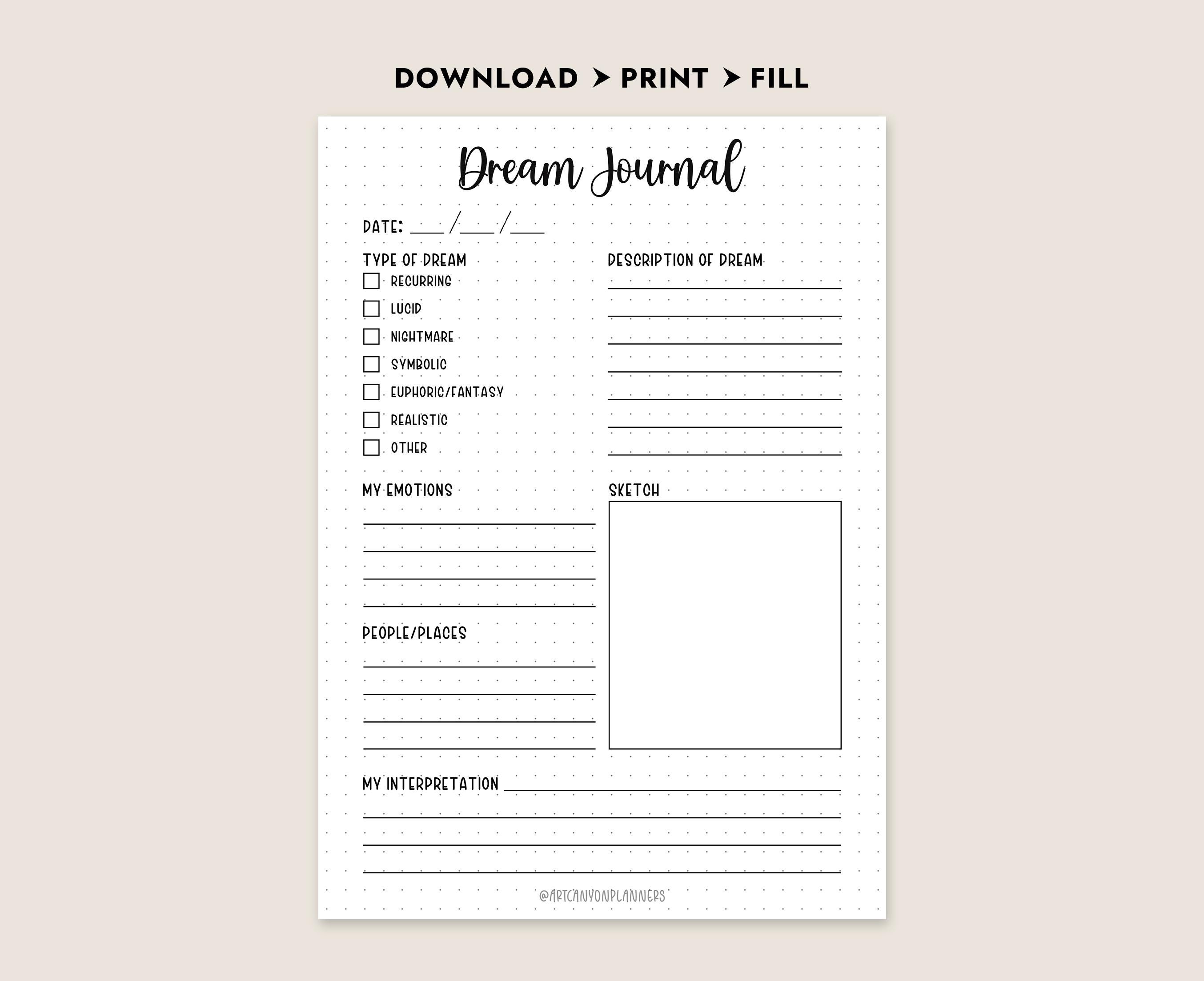 Printable Dream Journal Page Log Template PDF Instant Download Sleep ...