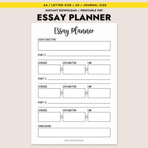 Puede incluir: Un planificador de ensayos imprimible con fondo blanco y texto negro. El planificador incluye secciones para preguntas de ensayo, puntos, evidencia, explicación y enlaces. El texto "Essay Planner" está en la parte superior. Disponible en tamaños A4, Letter, A5 y diario.