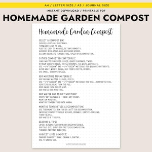 Pode incluir: Um guia em PDF imprimível intitulado "Homemade Garden Compost" com instruções sobre compostagem. O documento inclui etapas para selecionar uma composteira, coletar materiais, adicionar umidade e monitorar a temperatura. O texto é preto sobre um fundo pontilhado.
