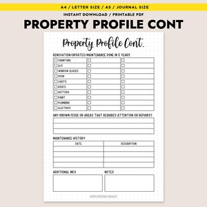 Puede incluir: Un formulario PDF imprimible de perfil de propiedad con el t&iacute;tulo "Property Profile Cont." en negro. El formulario incluye secciones para renovaciones, mantenimiento y notas adicionales. El formulario est&aacute; dise&ntilde;ado para tama&ntilde;os A4, Carta y A5.