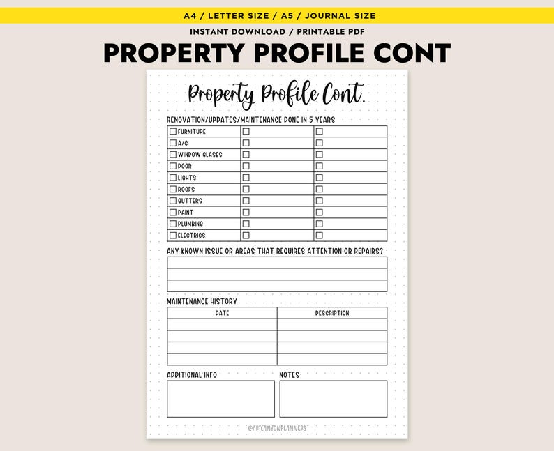 Puede incluir: Un formulario PDF imprimible de perfil de propiedad con el t&iacute;tulo "Property Profile Cont." en negro. El formulario incluye secciones para renovaciones, mantenimiento y notas adicionales. El formulario est&aacute; dise&ntilde;ado para tama&ntilde;os A4, Carta y A5.
