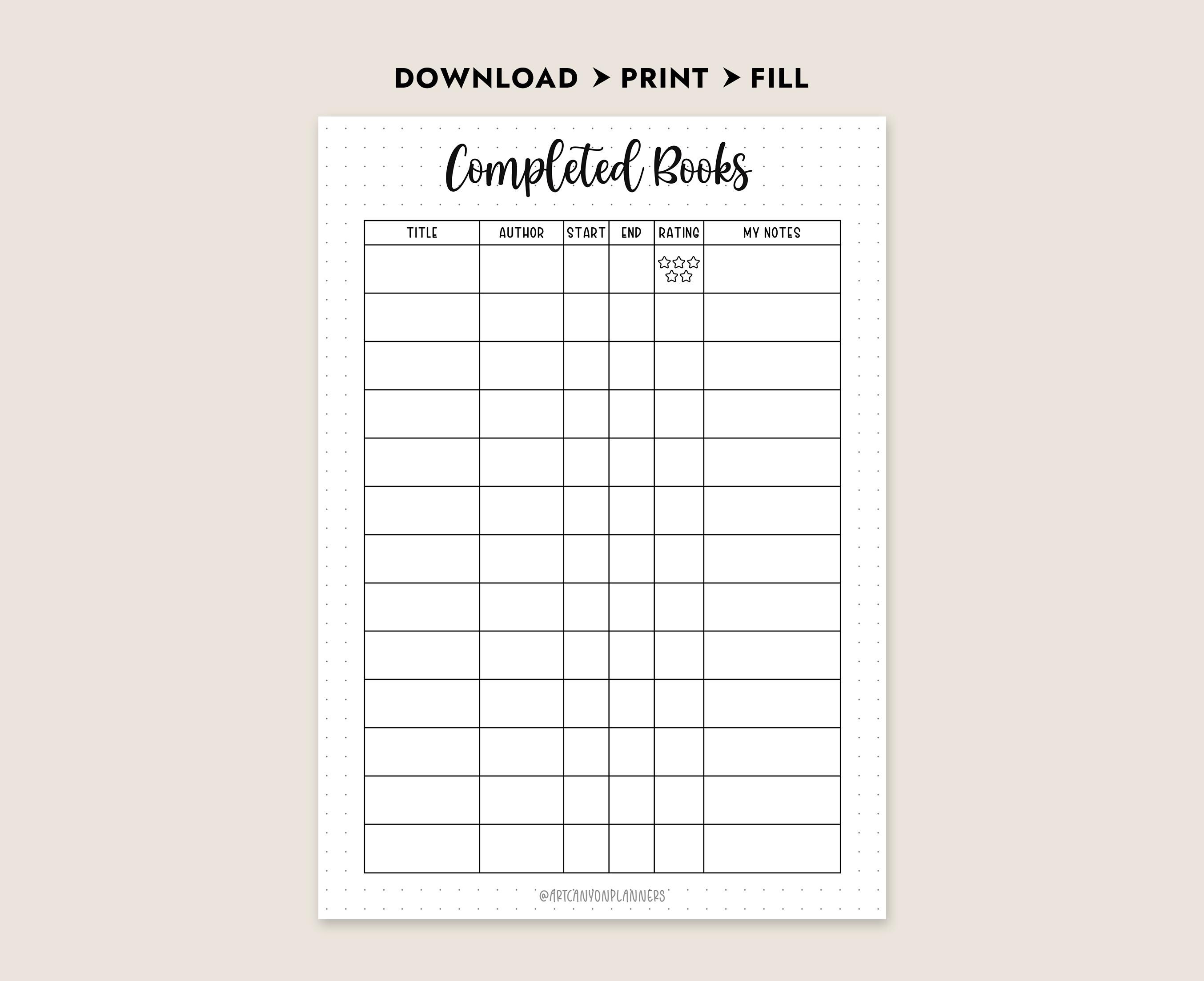 Completed Books Printable Reading Log Tracker PDF Book Review Journal ...
