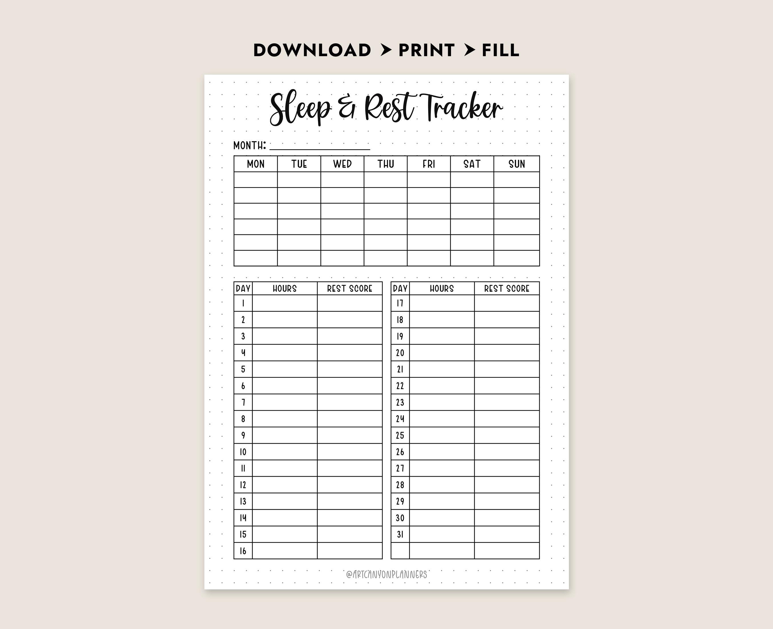 Sleep and Rest Tracker Printable PDF A4 Letter A5 Journal Size Instant ...