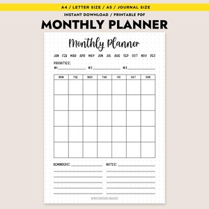 May include: A printable monthly planner with a minimalist design. The top of the page features the text "MONTHLY PLANNER" and the months of the year. Below are sections for priorities, a calendar grid, reminders, and notes. The planner is available in A4, Letter, and A5 sizes.