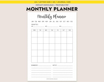 Monthly Planner Printable Undated A4 Letter A5 Journal Monthly Calendar Digital Download Monthly Organizer