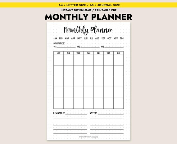 Monthly Planner Printable Undated A4 Letter A5 Journal Monthly Calendar Digital Download Monthly Organizer