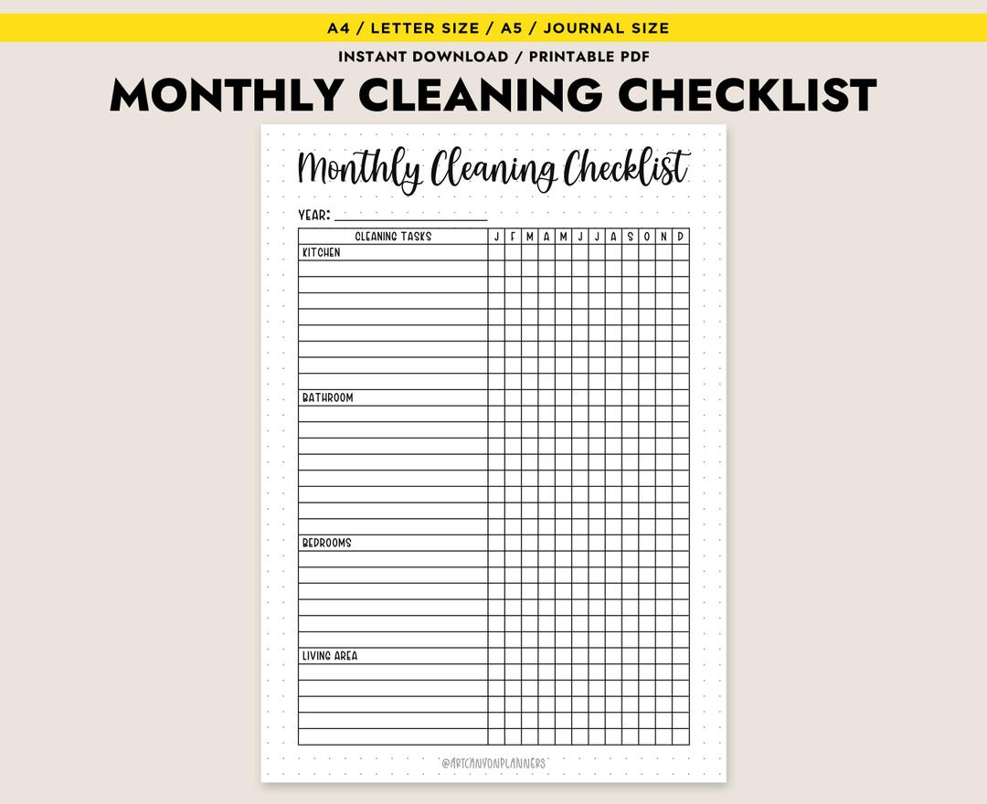 Monthly Cleaning Checklist Printable Deep Cleaning Schedule A4 A5 ...