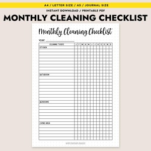 May include: A printable monthly cleaning checklist with a white background and black text. The checklist includes sections for cleaning tasks, with spaces to check off each month. The title reads "Monthly Cleaning Checklist."