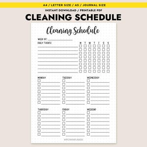 May include: A printable cleaning schedule in a minimalist style. The black text on a white background includes sections for the week, daily tasks, and a checklist for each day. The top banner reads "CLEANING SCHEDULE".