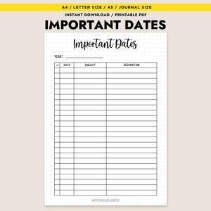 Planificador imprimible de fechas importantes, seguimiento anual, carta A4 A5, registro de cumpleaños, página de diario