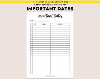 Important Dates Printable Planner Insert Yearly Tracker A4 A5 Letter Birthday Log Journal Page