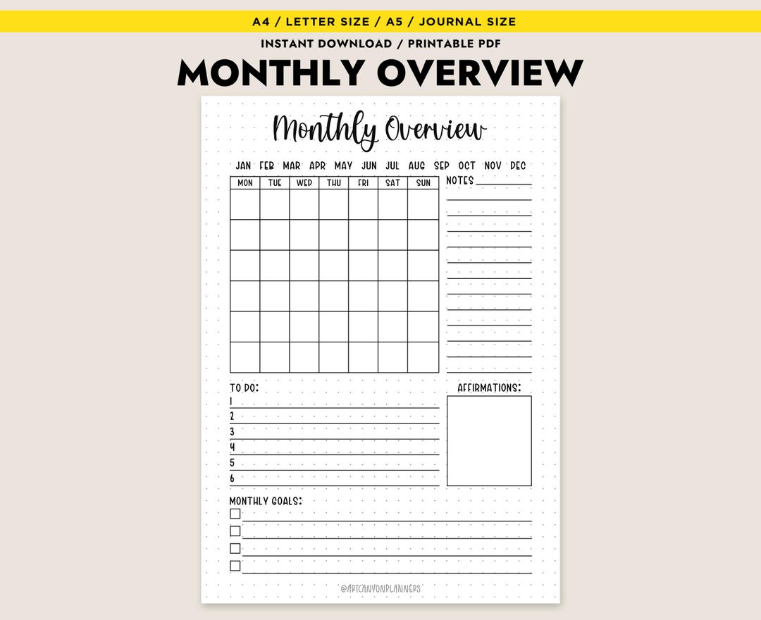 Monthly Overview Printable Planner Undated Calendar A4 A5 Letter ...