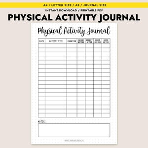Physical Activity Journal Printable Workout Log Fitness Planner Exercise Tracker A4 A5 Letter PDF