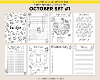 Oktober titelpagina kalendervoorblad Afdrukbare inzetstukken Bullet Journal-bundel A4 A5 halve letter Mood Tracker Gewoonte water Slaaptracker