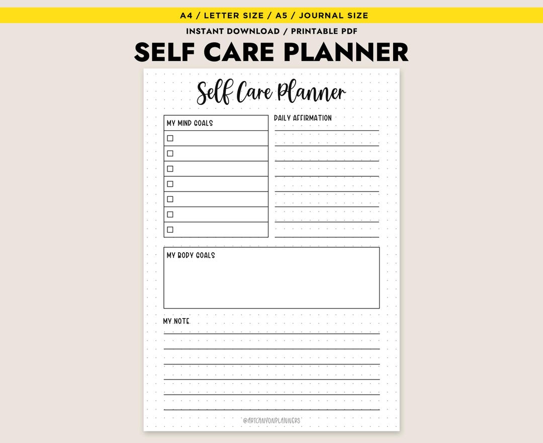Self Care Planner Printable PDF A4 Letter A5 Daily Wellness Journal for ...