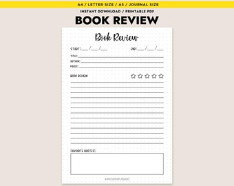 Boekrecensie afdrukbare pdf-leeslogboeksjabloon A4 A5-briefdagboek invoegen direct digitaal downloaden