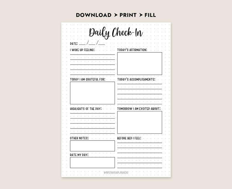Daily Check in Printable Gratitude Journal Mental Health Log Self Care ...