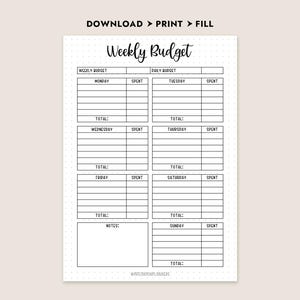 Pode incluir: Um planejador de or&ccedil;amento semanal imprim&iacute;vel com o t&iacute;tulo "Weekly Budget" no topo. O planejador &eacute; dividido em se&ccedil;&otilde;es para cada dia da semana, com espa&ccedil;os para rastrear gastos. A parte superior da p&aacute;gina diz "DOWNLOAD > PRINT > FILL".
