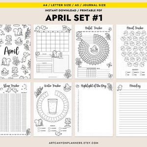 May include: A black and white printable PDF planner set for April, featuring various trackers for habits, mood, sleep, and water intake. Includes a monthly calendar, notes section, and a page for daily highlights. The set is decorated with whimsical illustrations of squirrels, birds, and flowers.