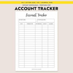 Könnte beinhalten: Ein druckbarer Kontotracker mit weißem Hintergrund und schwarzem Text. Der Titel "Account Tracker" steht oben, mit Feldern für Kontoname, Anfangssaldo, Datum, Transaktion, Auszahlung, Einzahlung und Saldo.
