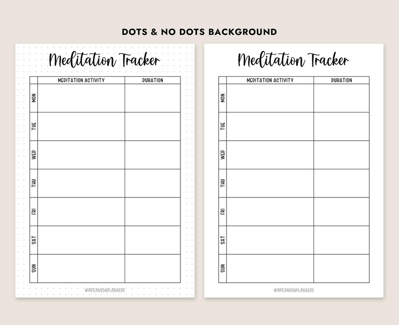 Pu&ograve; includere: Due tracker di meditazione stampabili. Uno ha uno sfondo a pois, l'altro &egrave; semplice. Ogni tracker ha una griglia con spazi per l'attivit&agrave; di meditazione e la durata, con i giorni della settimana elencati verticalmente.