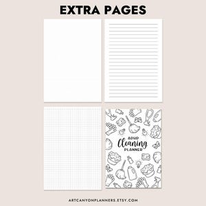 May include: A planner page layout with the text "EXTRA PAGES" at the top. The layout includes two pages with grid and lined paper, and a page with the text "ADHD Cleaning Planner" and cleaning-related illustrations. The Etsy shop URL is at the bottom.