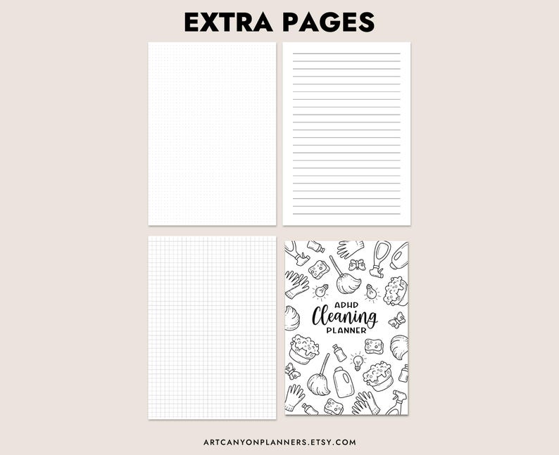 May include: A planner page layout with the text "EXTRA PAGES" at the top. The layout includes two pages with grid and lined paper, and a page with the text "ADHD Cleaning Planner" and cleaning-related illustrations. The Etsy shop URL is at the bottom.