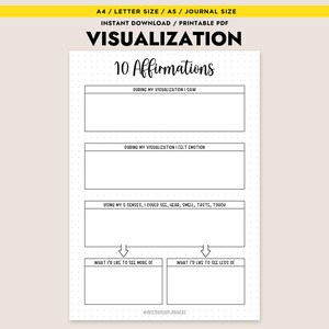 May include: A printable PDF journal page with the title "Visualization" and the text "10 Affirmations." The page includes sections for writing about visualization, emotions, and senses, along with prompts for what to see more or less of.