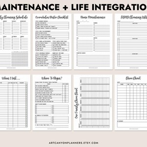 May include: A collection of printable planner pages with titles like "Yearly Cleaning Schedule" and "Overwhelm Buster Checklist." The pages are in black and white, with grid lines and text. The text "Maintenance + Life Integration" is at the top.