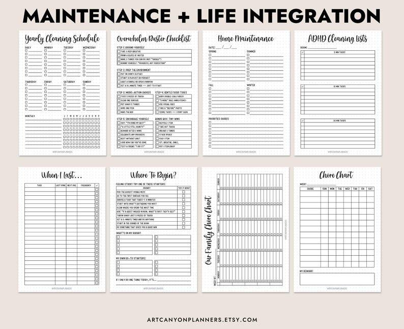 May include: A collection of printable planner pages with titles like "Yearly Cleaning Schedule" and "Overwhelm Buster Checklist." The pages are in black and white, with grid lines and text. The text "Maintenance + Life Integration" is at the top.