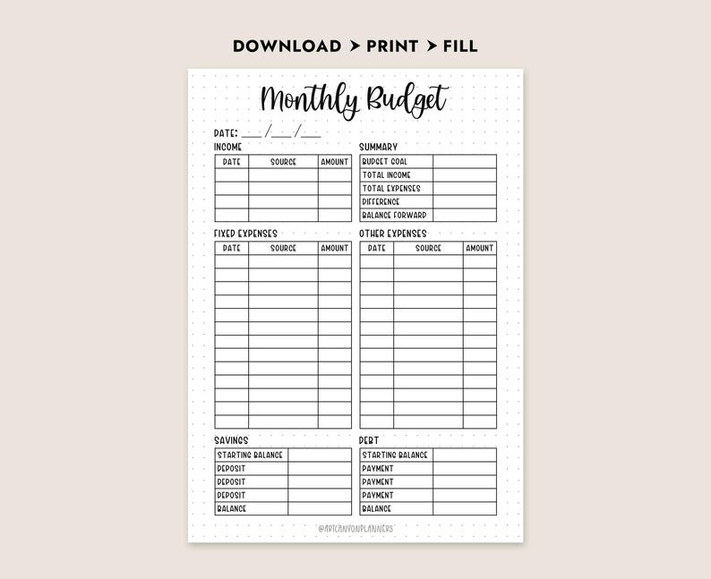 Monthly Budget Planner Printable A4 A5 Letter Journal Size Instant ...