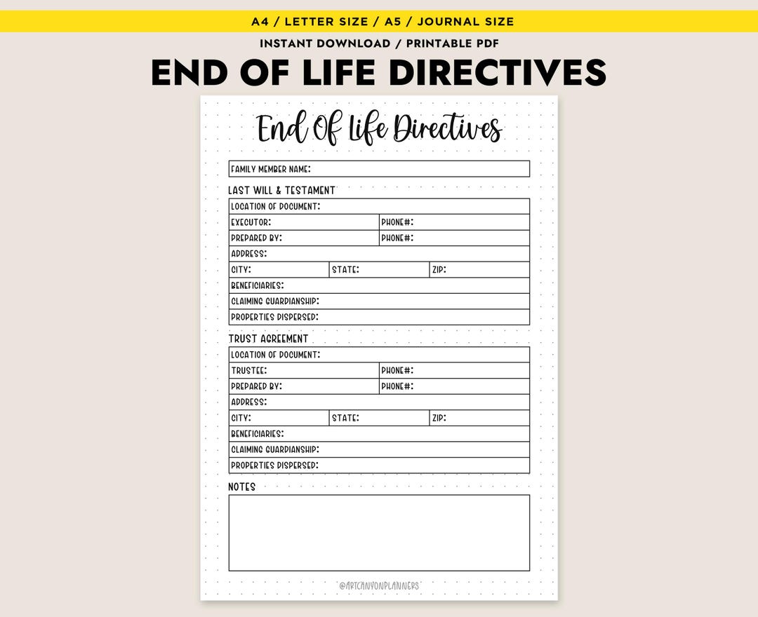 End of Life Planner Printable PDF Final Wishes Organizer Last Will and ...