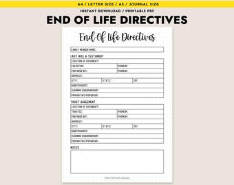End of Life Planner Printable PDF Final Wishes Organizer Last Will and Testament Estate Planning Document