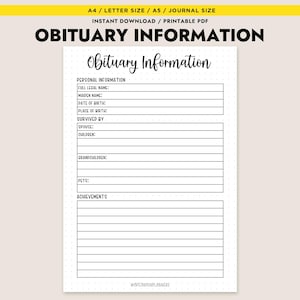 May include: A printable PDF titled "Obituary Information" with a cream background and a dotted pattern. The document includes fields for personal details such as full legal name, maiden name, date and place of birth, and space for achievements.