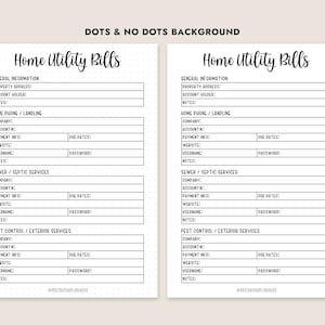 May include: Two printable planner pages with the text "Home Utility Bills" at the top. The pages are divided into sections for general information, home phone/landline, sewer/septic services, and pest control/exterior services. The background is dotted.