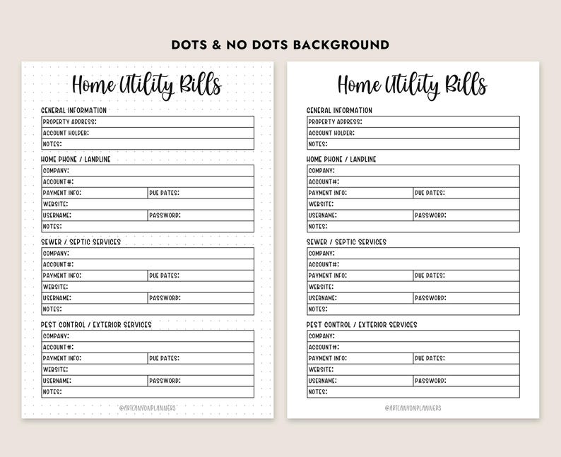 May include: Two printable planner pages with the text "Home Utility Bills" at the top. The pages are divided into sections for general information, home phone/landline, sewer/septic services, and pest control/exterior services. The background is dotted.