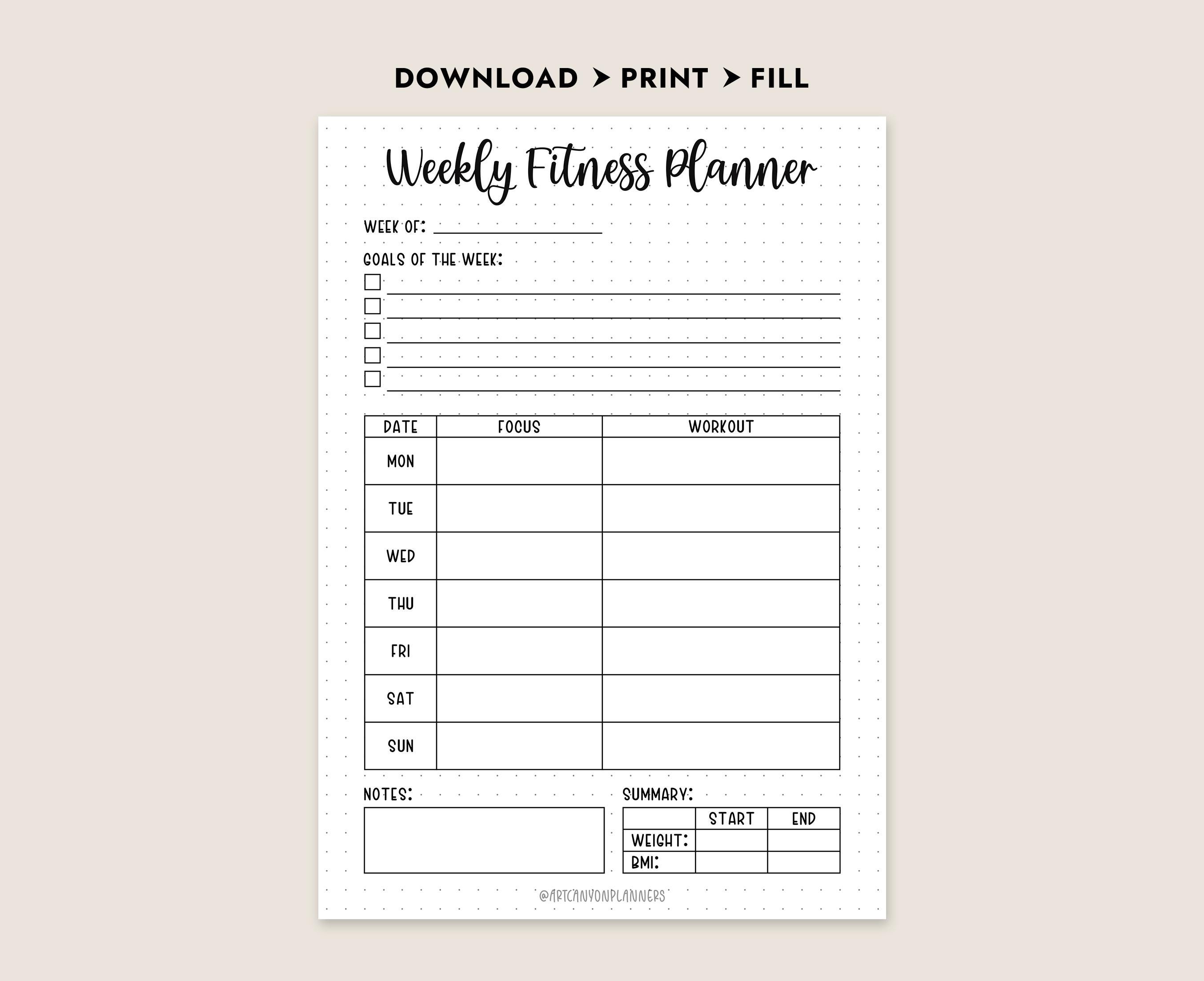Weekly Fitness Planner Printable PDF Tracker Workout Exercises ...