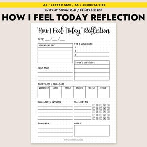 Daily Reflection Printable How I Feel Today Journal Mood Tracker Mental Health Log A4 A5