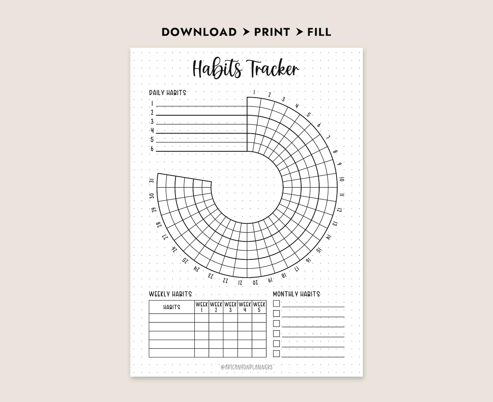 Habits Tracker Printable Monthly Daily Weekly Circle Log A4 A5 Letter ...