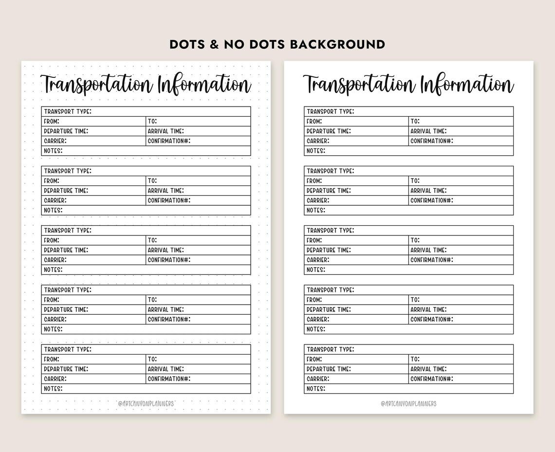 Printable Transportation Information Log Travel Planner Flight Details ...