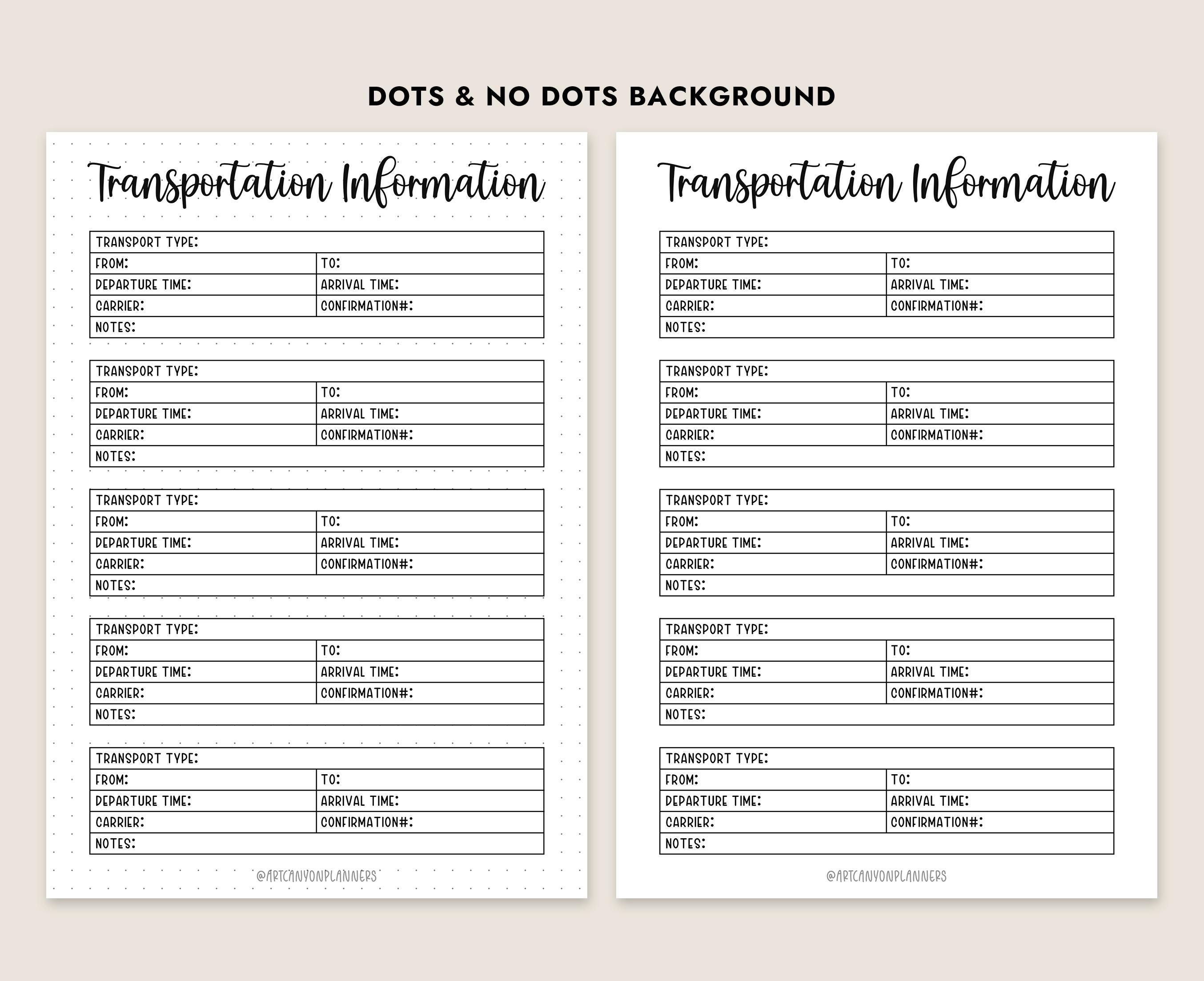 Printable Transportation Information Log Travel Planner Flight Details ...