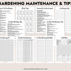 Pu&ograve; includere: Una raccolta di pagine stampabili per la pianificazione del giardinaggio, con titoli come "Gardening Maintenance & Tips", "Square Foot Gardening" e "Plant Tags". Le pagine contengono liste di controllo, layout e suggerimenti. Il testo &egrave; nero su sfondo crema.