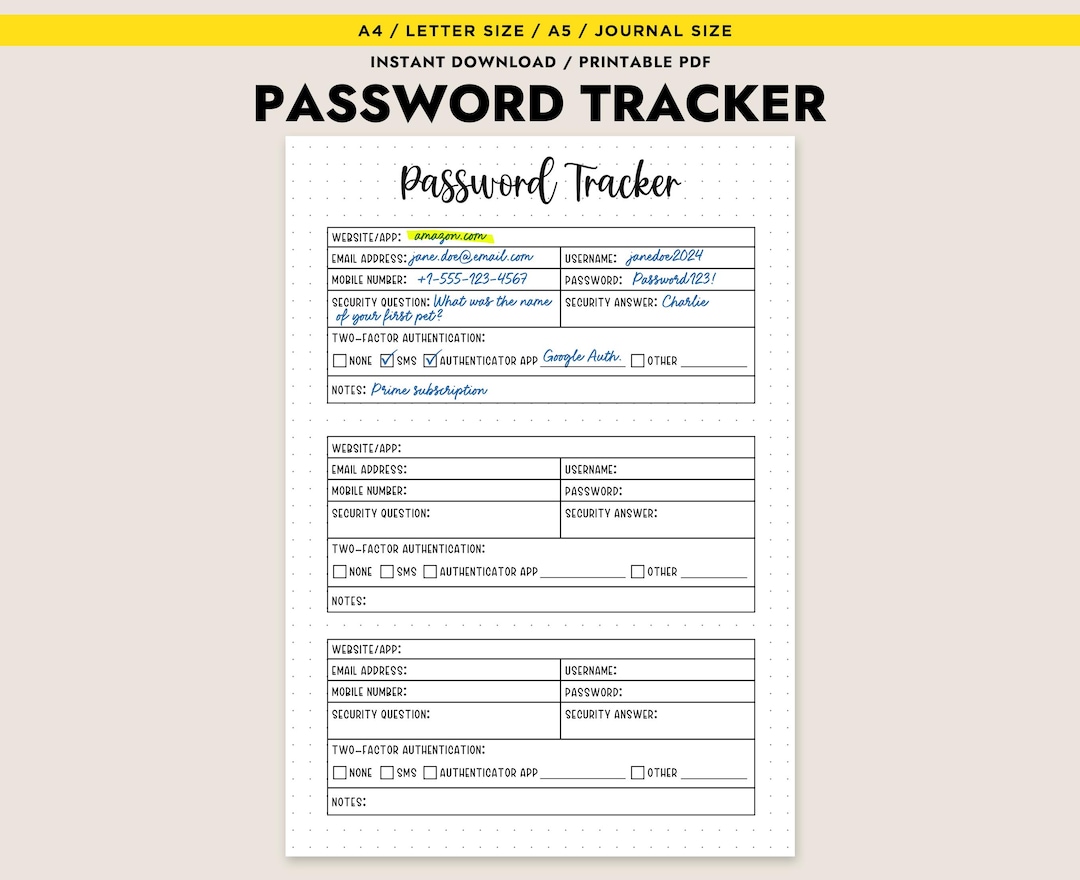Printable Password Tracker Log Password Keeper Organizer A4, A5, Letter ...