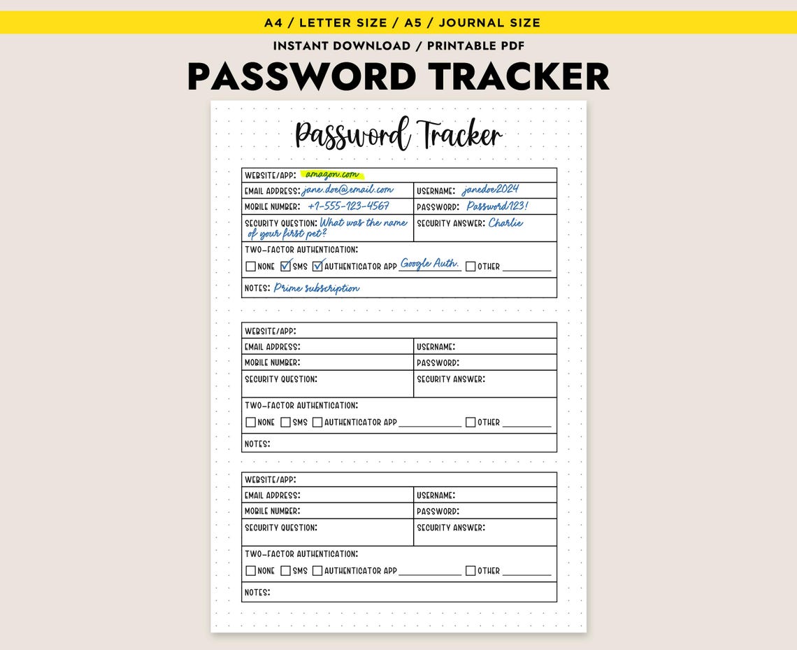 Printable Password Tracker Log Password Keeper Organizer A4, A5, Letter ...