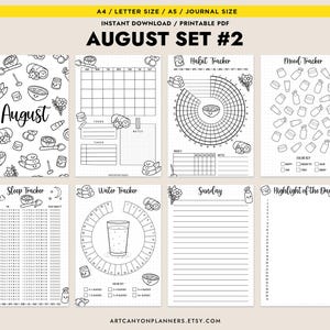 May include: A printable August set of journal pages in black and white. The set includes a habit tracker, mood tracker, sleep tracker, water tracker, and a page for highlights. The pages are decorated with food and floral illustrations.