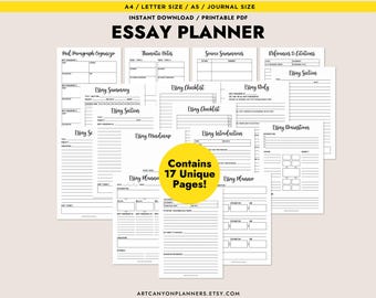 May include: A collection of printable essay planner pages in black and white. The pages include sections for essay summaries, checklists, and brainstorming. The text "ESSAY PLANNER" is at the top, with "Contains 17 Unique Pages!" in a yellow circle.