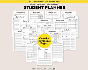 May include: A collection of printable student planner pages in black and white. The pages include sections for course information, daily checklists, weekly plans, and exam revisions. The text "STUDENT PLANNER" is at the top.