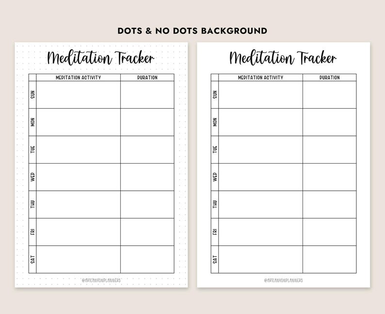 Pu&ograve; includere: Due stampabili per il monitoraggio della meditazione. Uno ha uno sfondo a pois, l'altro &egrave; semplice. Ognuno ha una griglia per tenere traccia dell'attivit&agrave; e della durata della meditazione, con i giorni della settimana elencati. Il titolo "Meditation Tracker" &egrave; in alto.