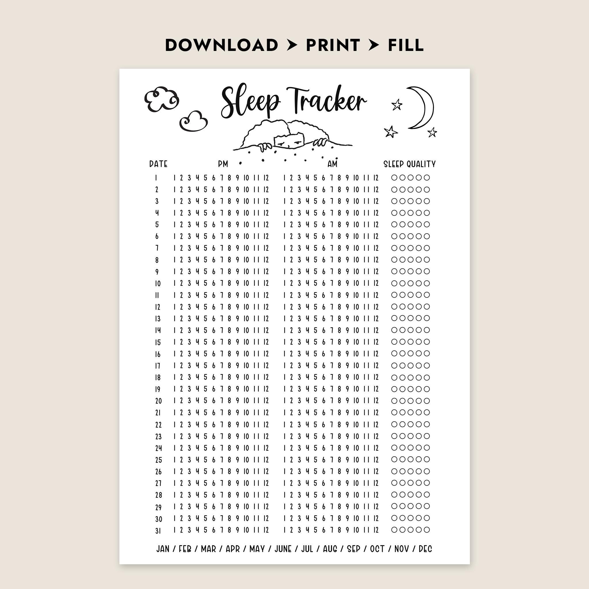 24 Hour Sleep Tracker Printable Monthly Tracker Sleep Log Sleep ...