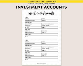 Investment Accounts Tracker Printable Financial Planner Log Finance Insert A4 A5 Letter Size